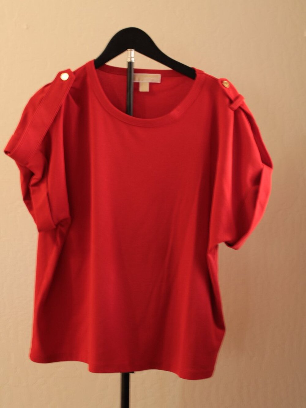 NWOT MICHAEL Michael Kors Red Cold Shoulder Gold Button Top XL